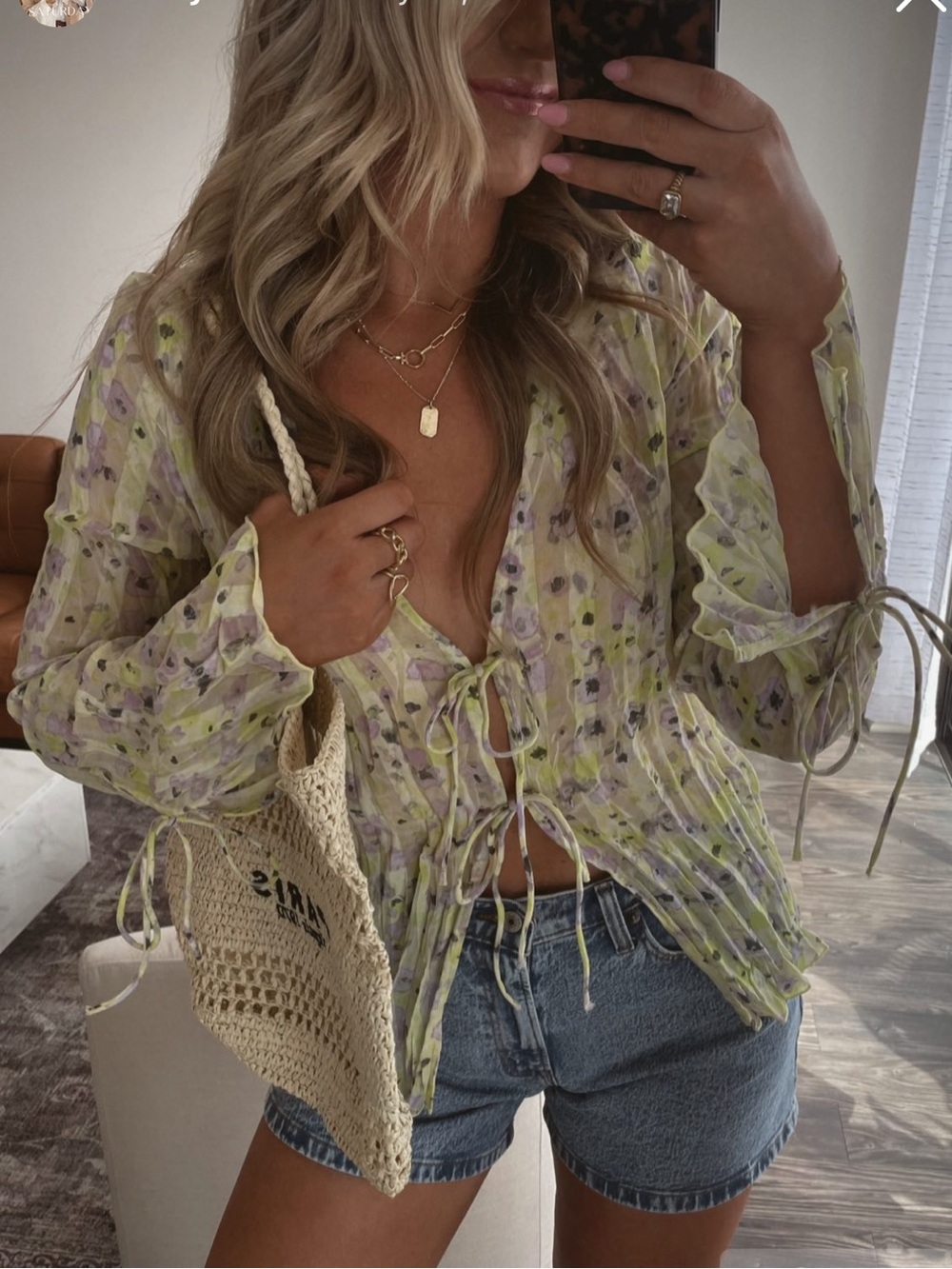 H&M Yellow Floral Tie-Front Sheer Blouse